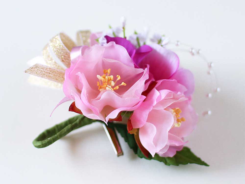 YE3-3 八重桜×３輪コサージュ(クリップ付)